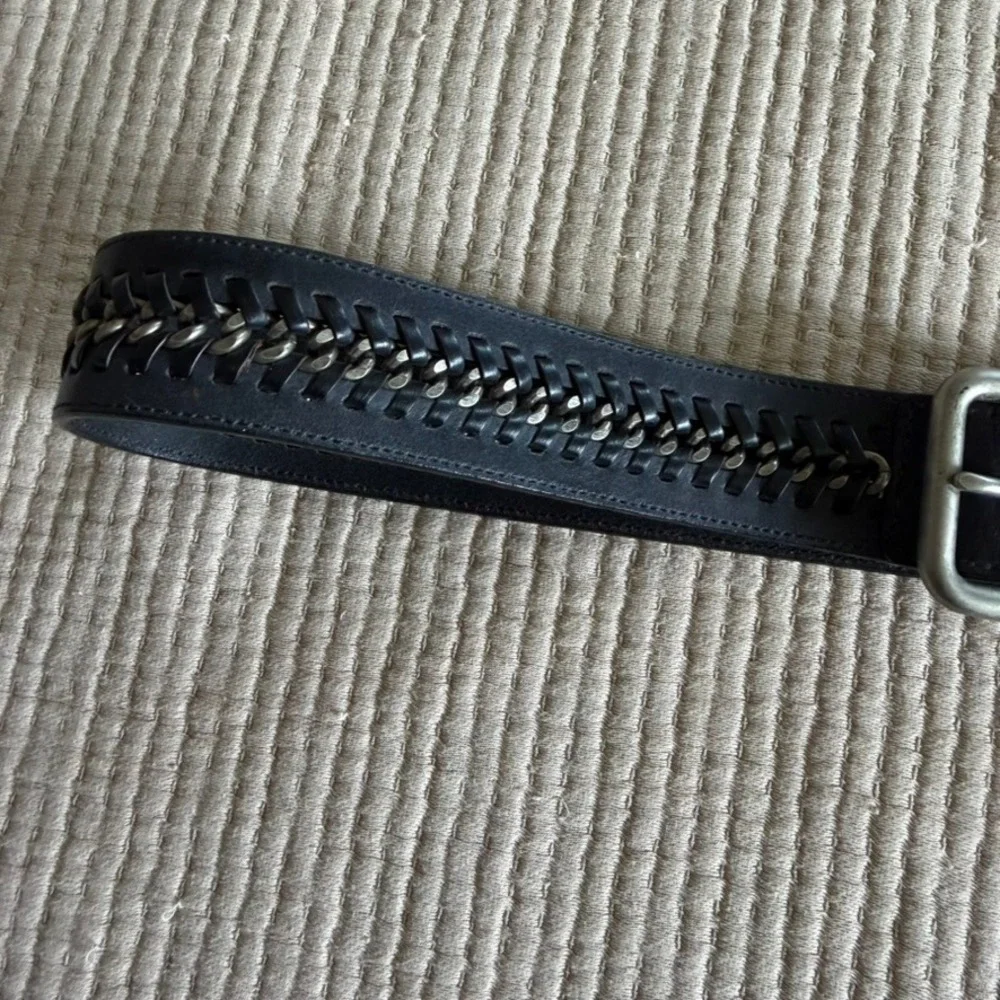 Calvin Klein Mens Leather Chain Link Belt Size 40 Black Silver Casual Jeans